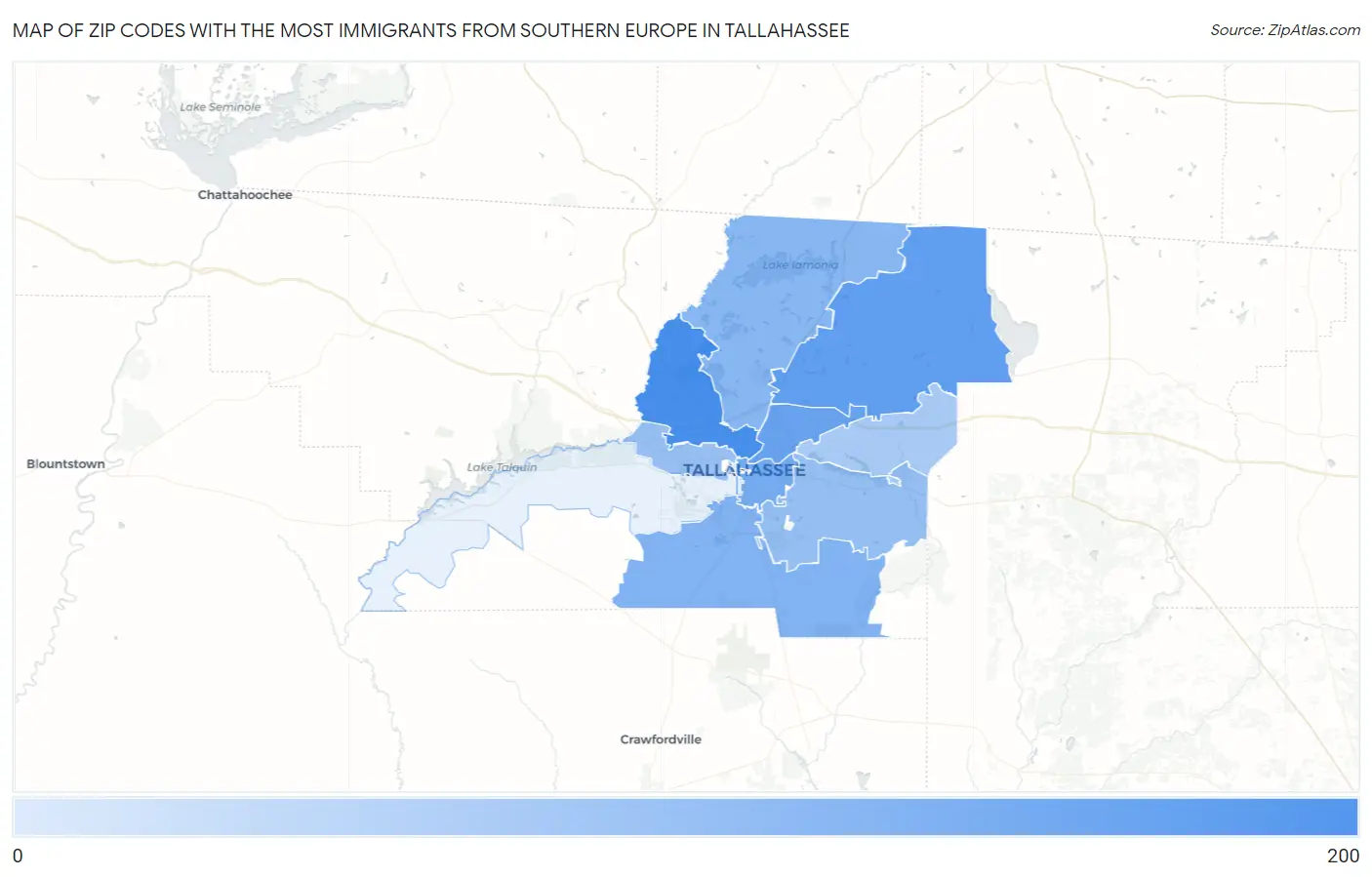 Zip Codes with the Most Immigrants from Southern Europe in Tallahassee Map