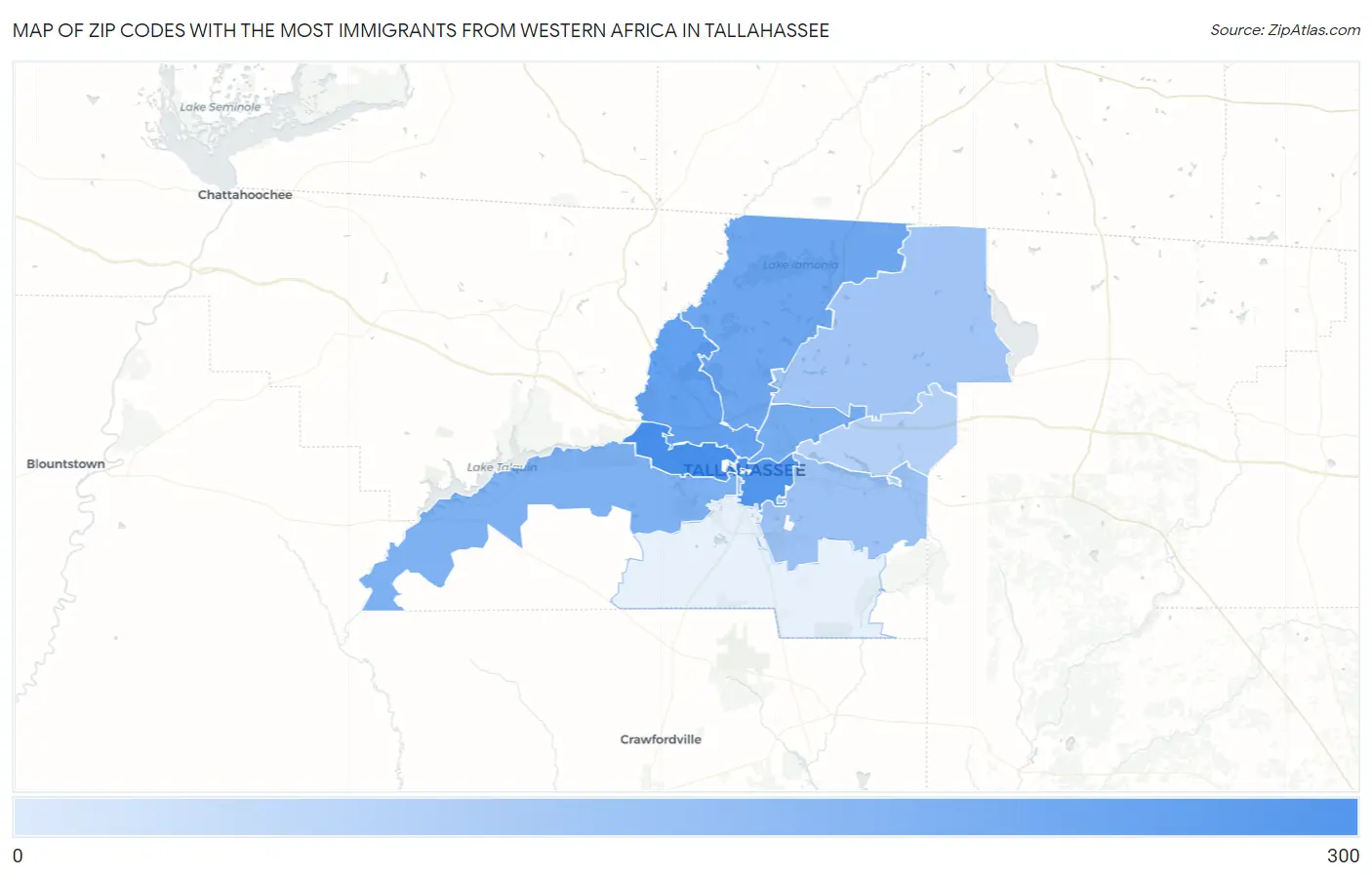Zip Codes with the Most Immigrants from Western Africa in Tallahassee Map