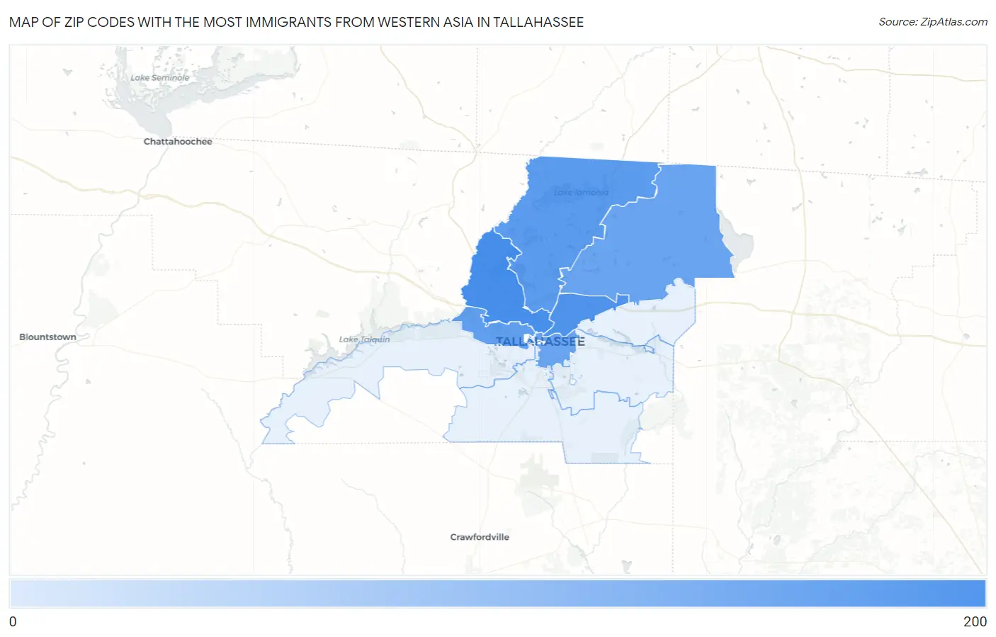 Zip Codes with the Most Immigrants from Western Asia in Tallahassee Map