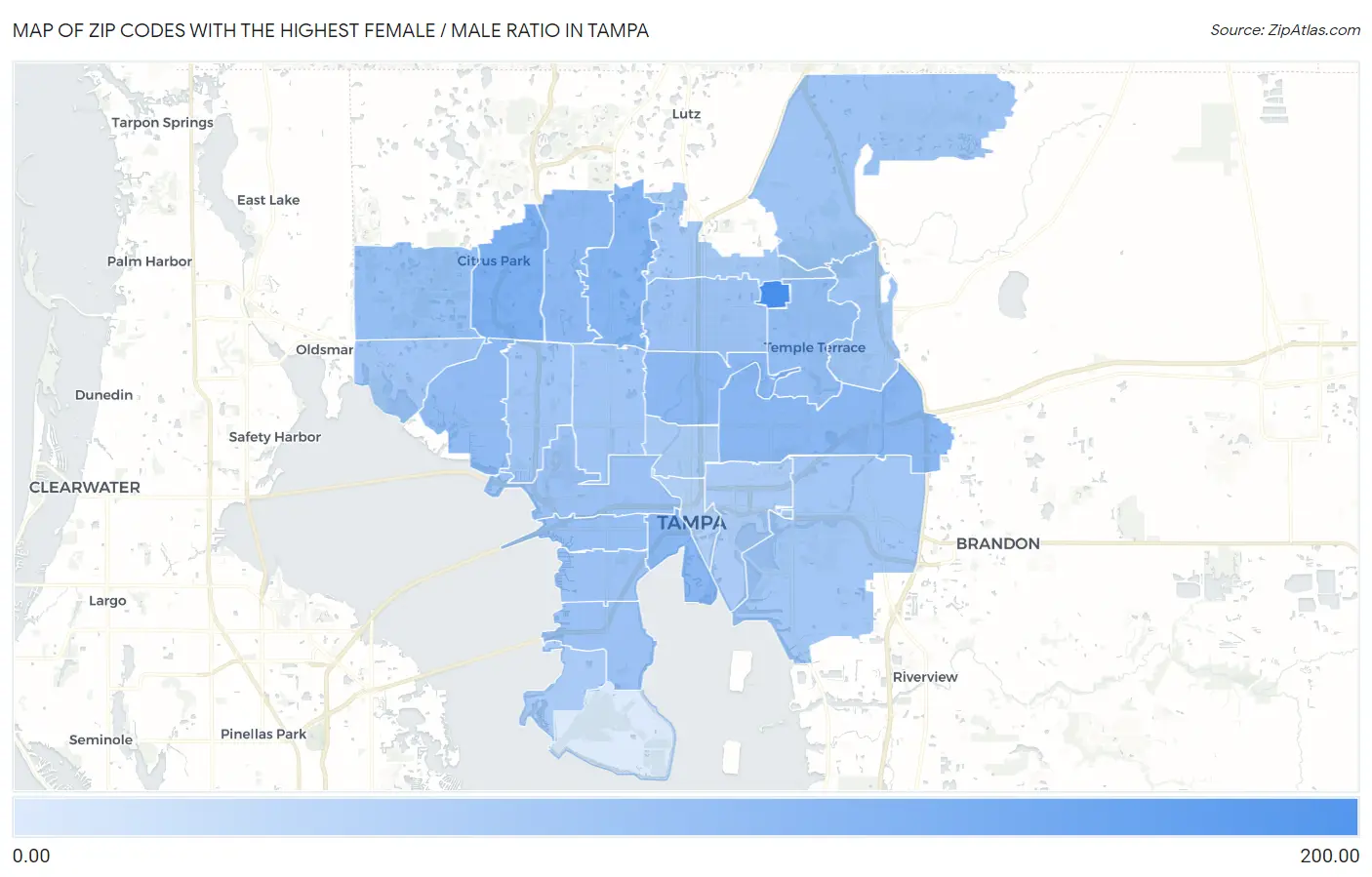 Zip Codes with the Highest Female / Male Ratio in Tampa Map