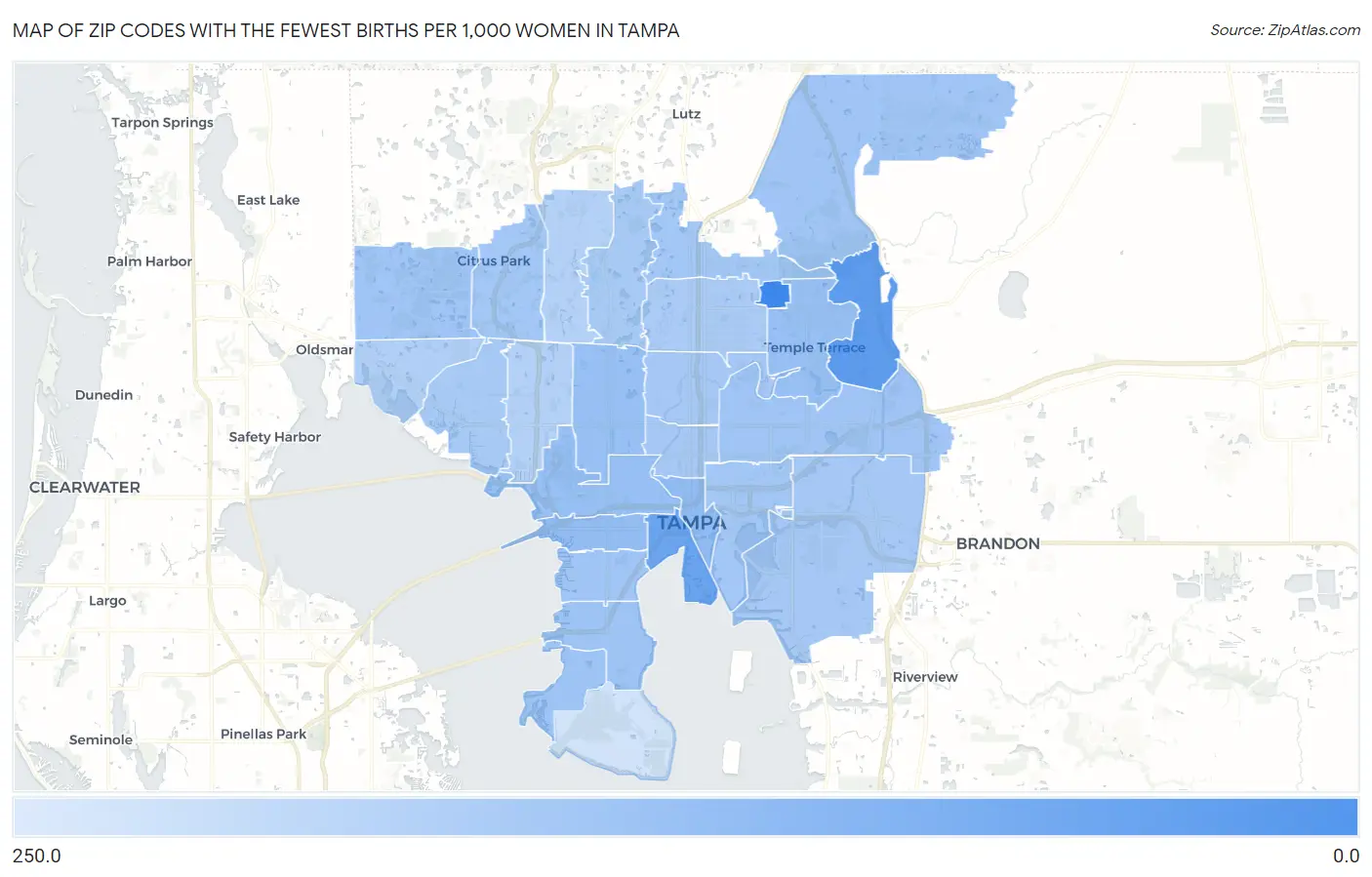 Zip Codes with the Fewest Births per 1,000 Women in Tampa Map