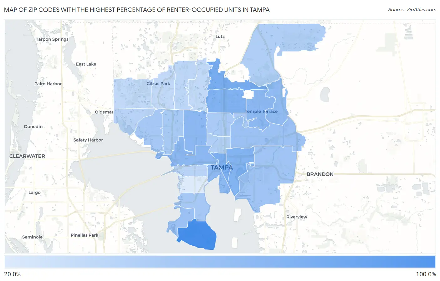 Zip Codes with the Highest Percentage of Renter-Occupied Units in Tampa Map