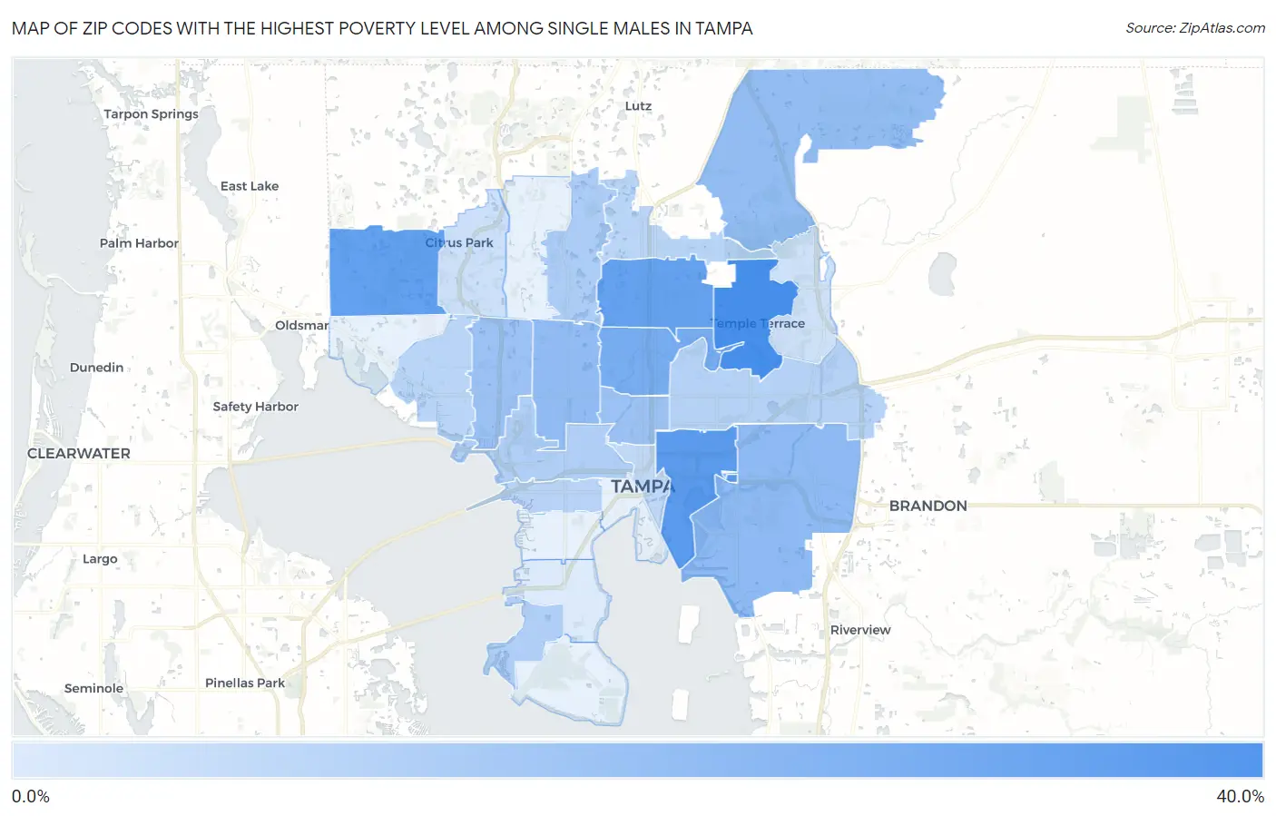 Zip Codes with the Highest Poverty Level Among Single Males in Tampa Map