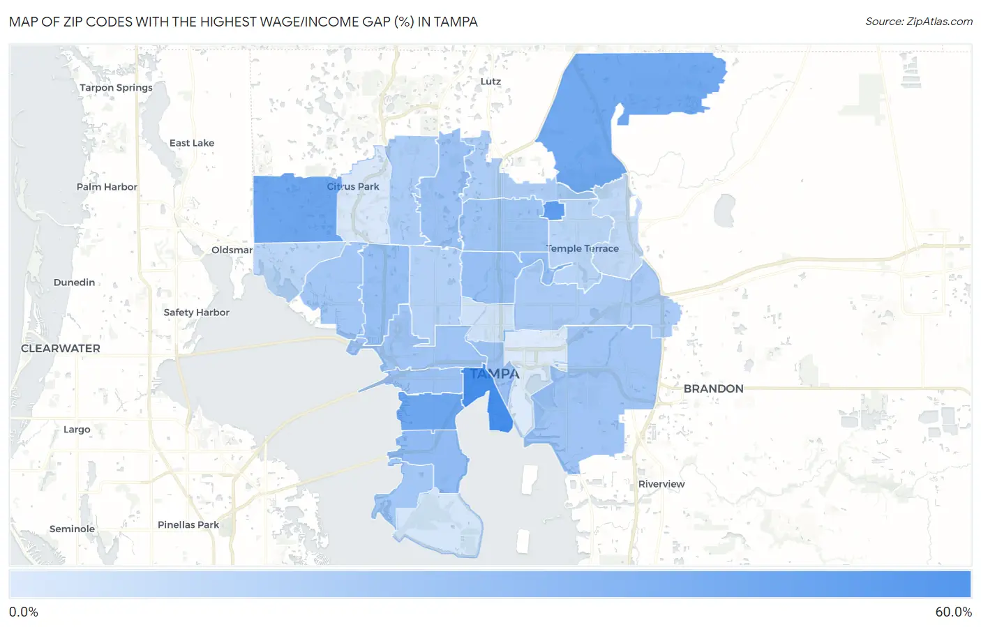 Zip Codes with the Highest Wage/Income Gap (%) in Tampa Map