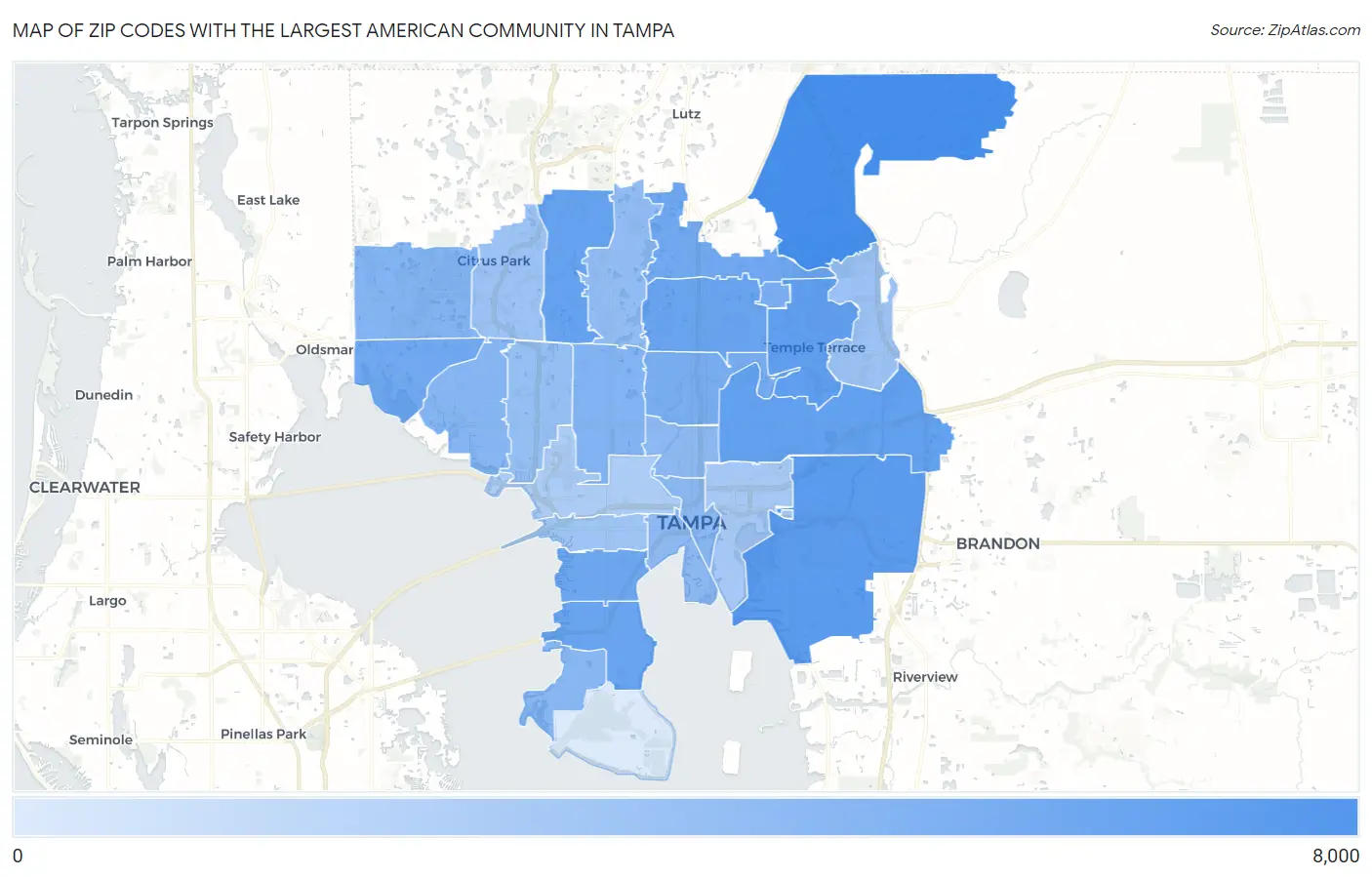 Zip Codes with the Largest American Community in Tampa Map