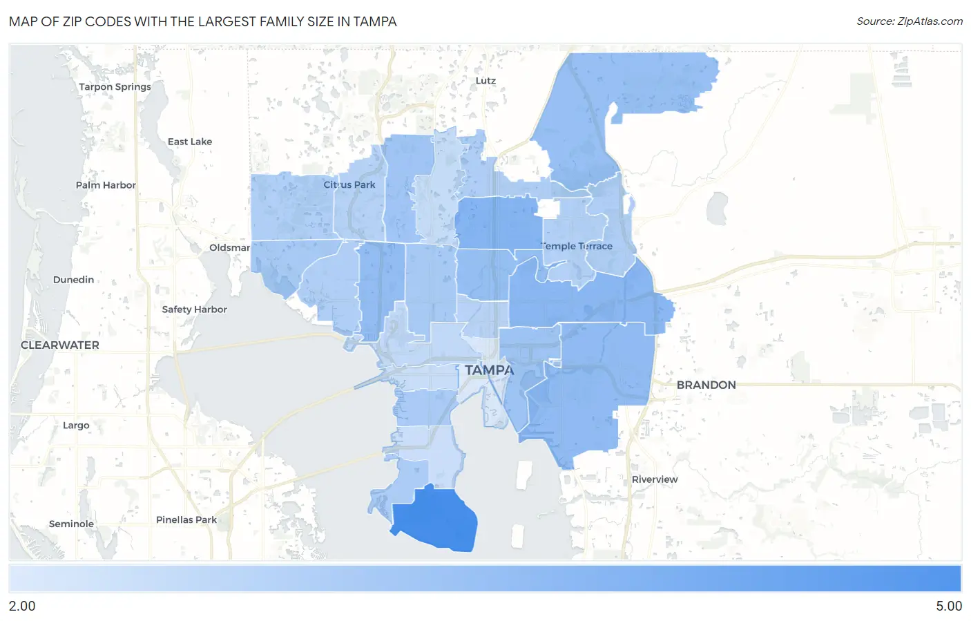 Zip Codes with the Largest Family Size in Tampa Map