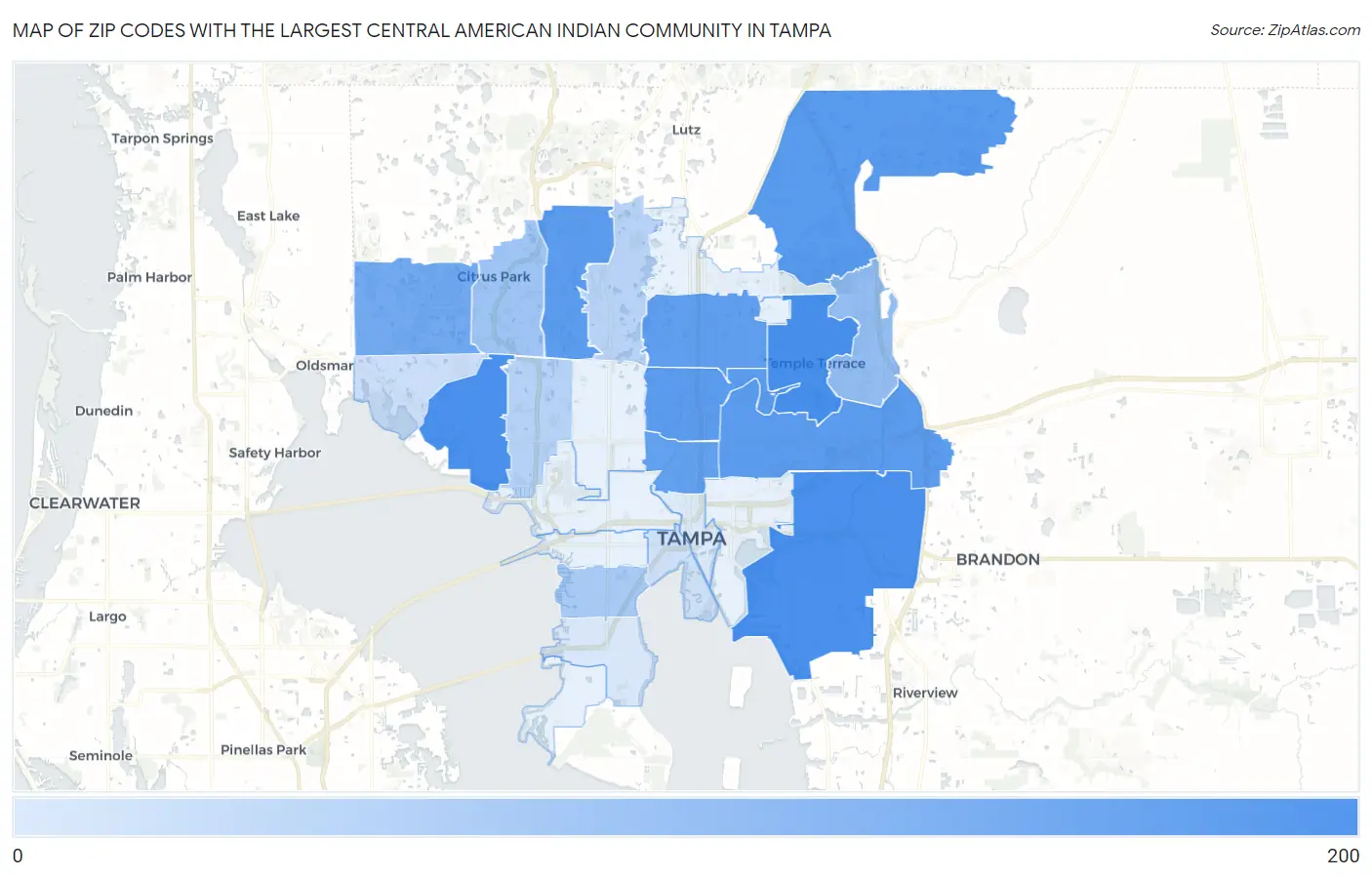 Zip Codes with the Largest Central American Indian Community in Tampa Map