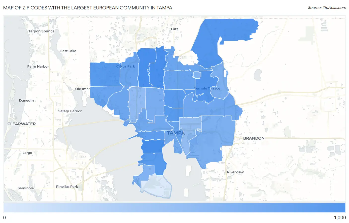 Zip Codes with the Largest European Community in Tampa Map