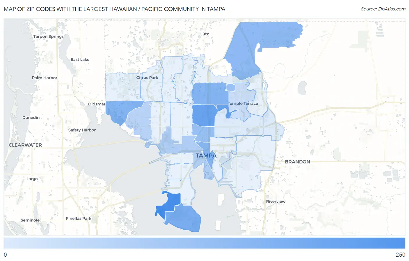 Zip Codes with the Largest Hawaiian / Pacific Community in Tampa Map