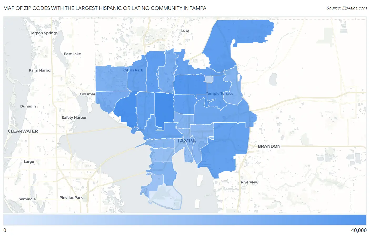 Zip Codes with the Largest Hispanic or Latino Community in Tampa Map