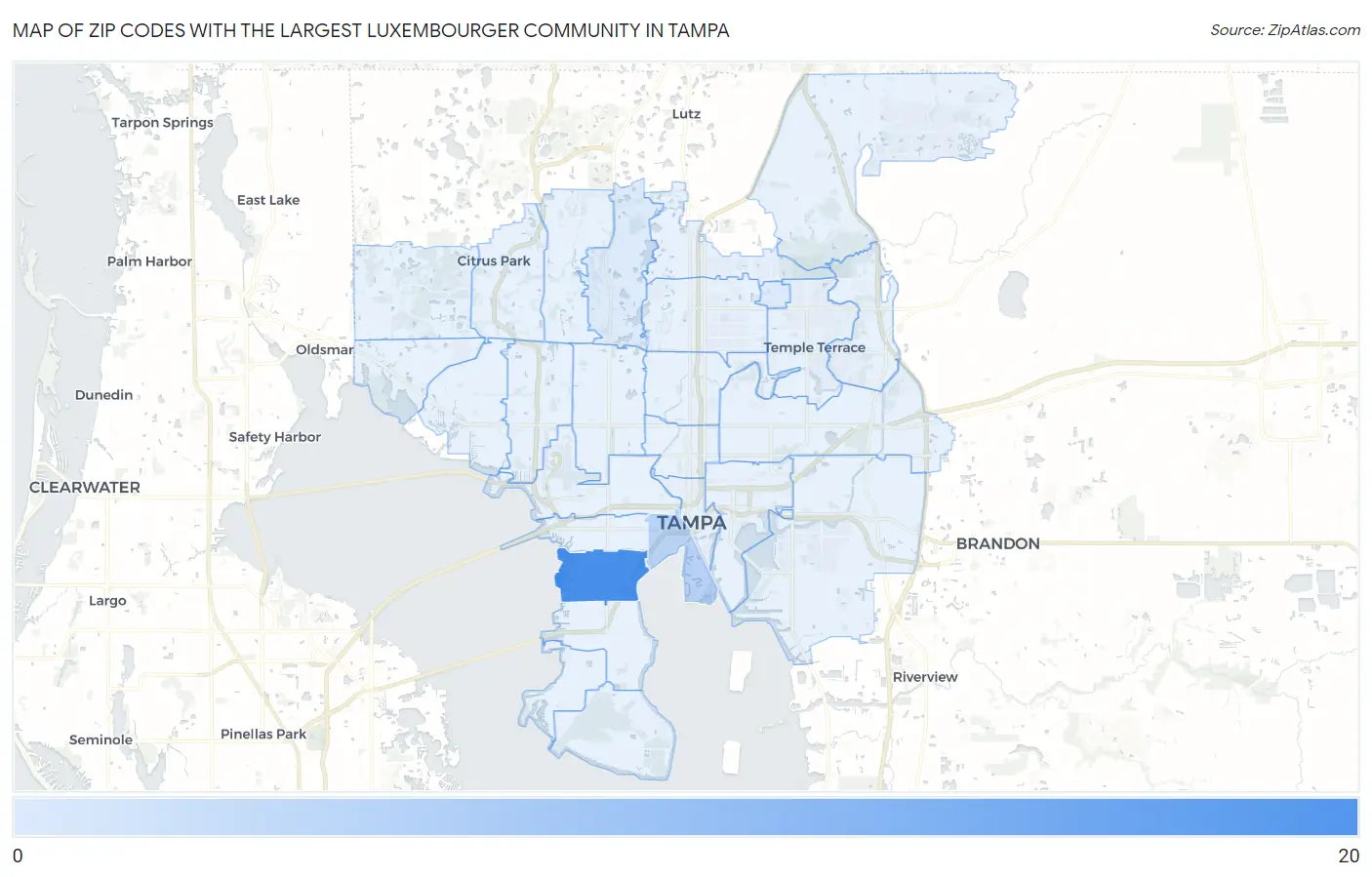 Zip Codes with the Largest Luxembourger Community in Tampa Map