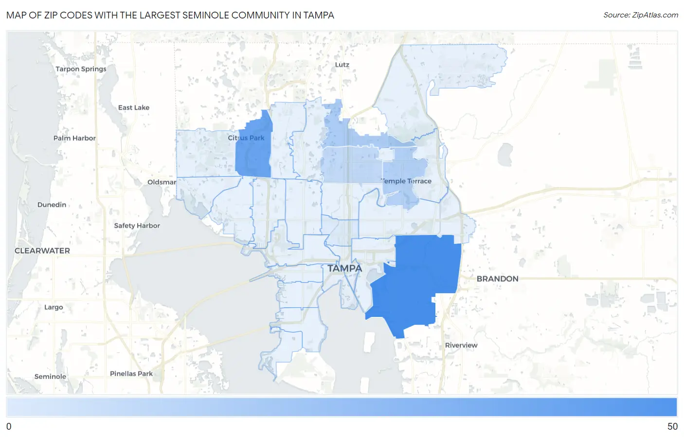 Zip Codes with the Largest Seminole Community in Tampa Map