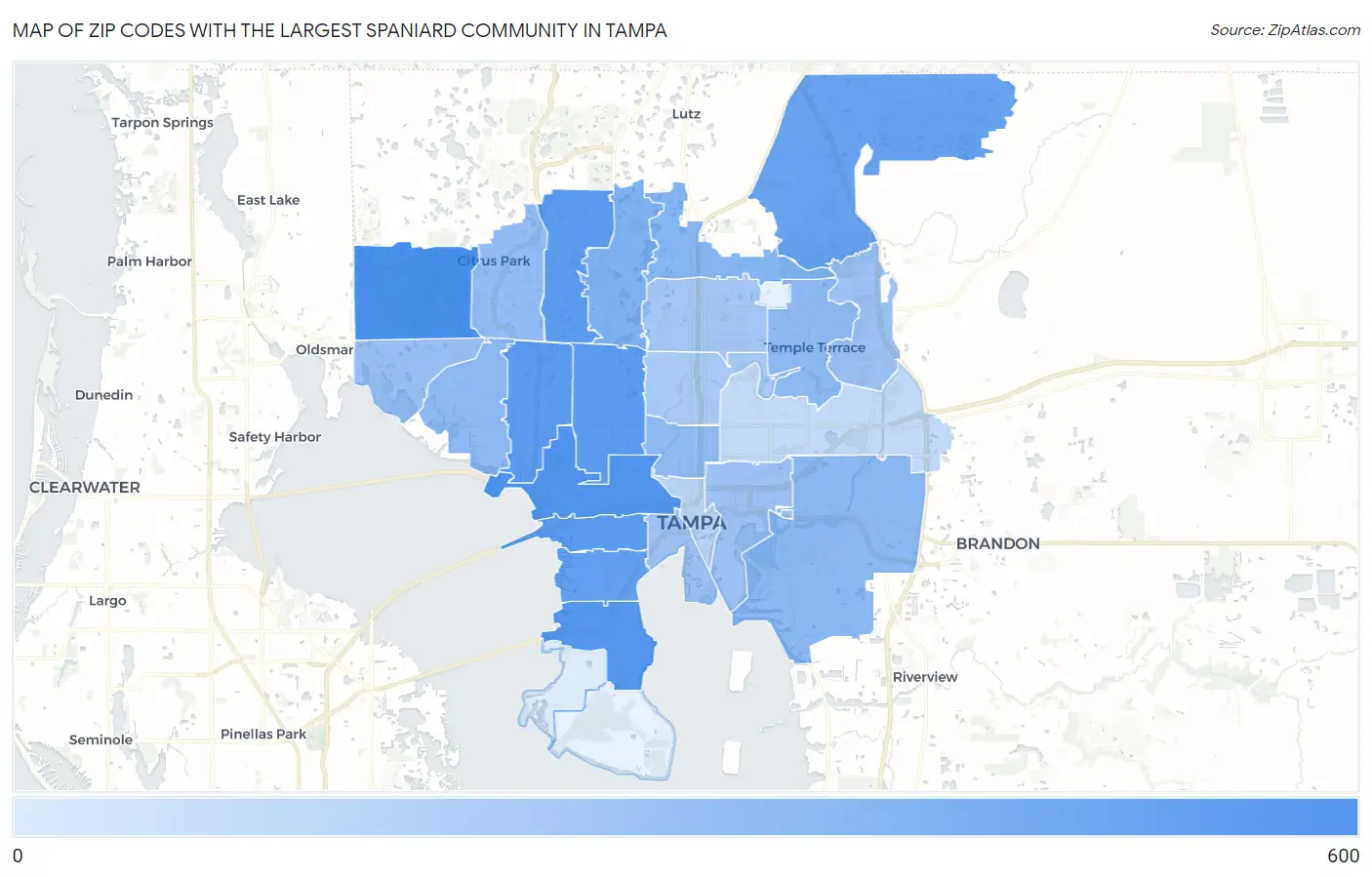 Zip Codes with the Largest Spaniard Community in Tampa Map