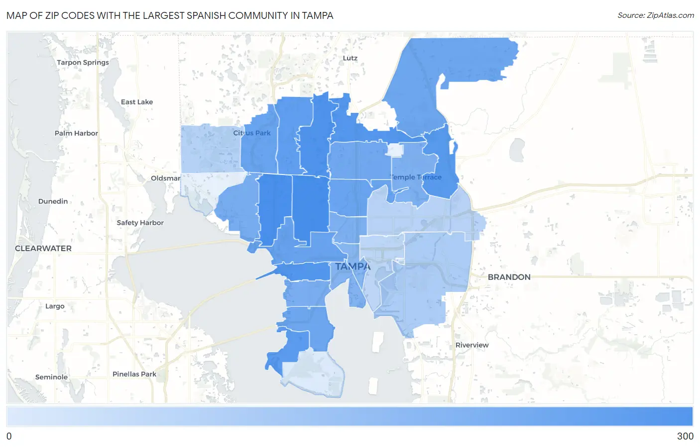 Zip Codes with the Largest Spanish Community in Tampa Map