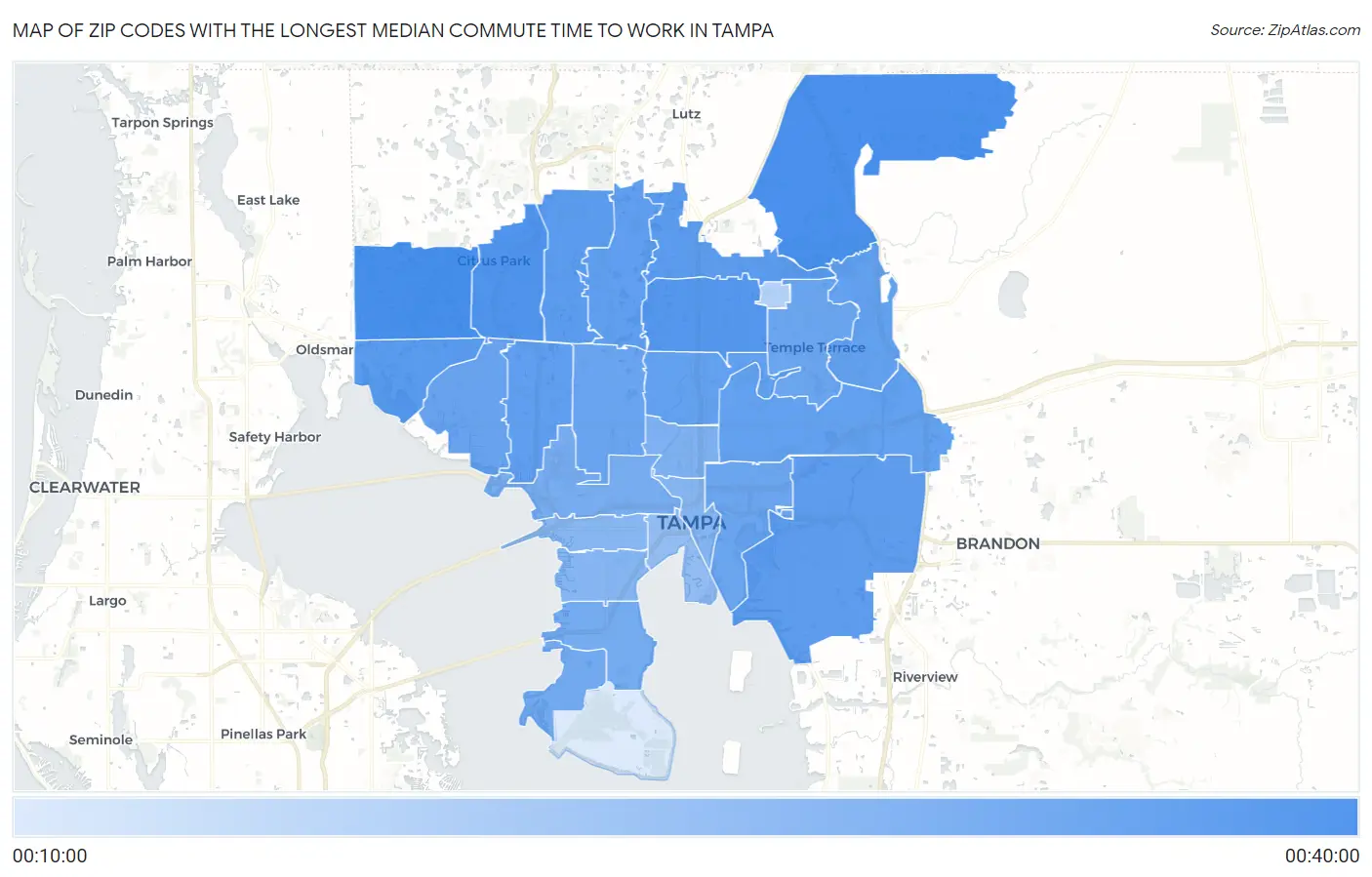Zip Codes with the Longest Median Commute Time to Work in Tampa Map