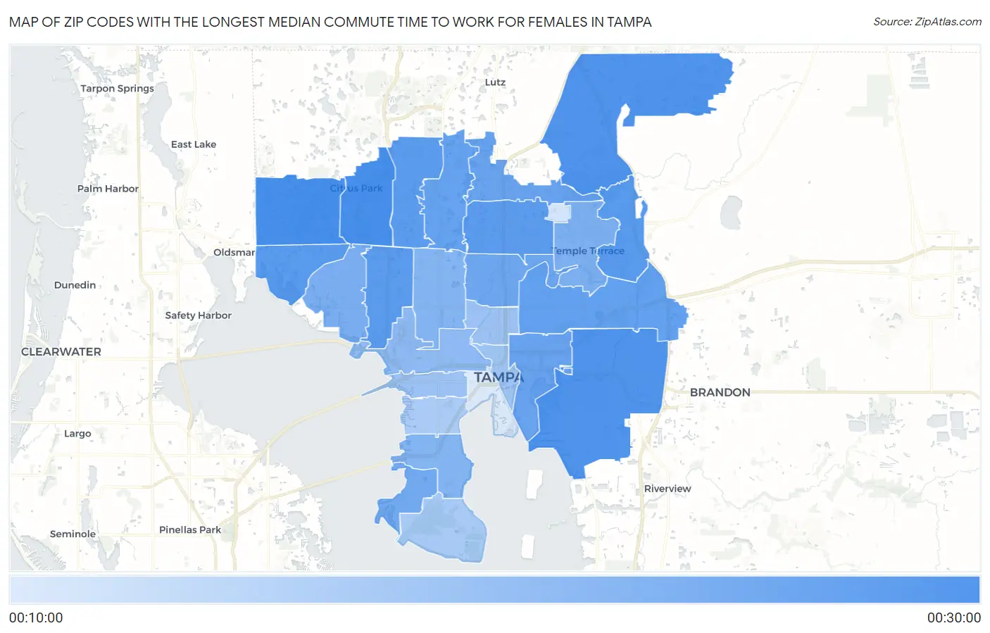 Zip Codes with the Longest Median Commute Time to Work for Females in Tampa Map