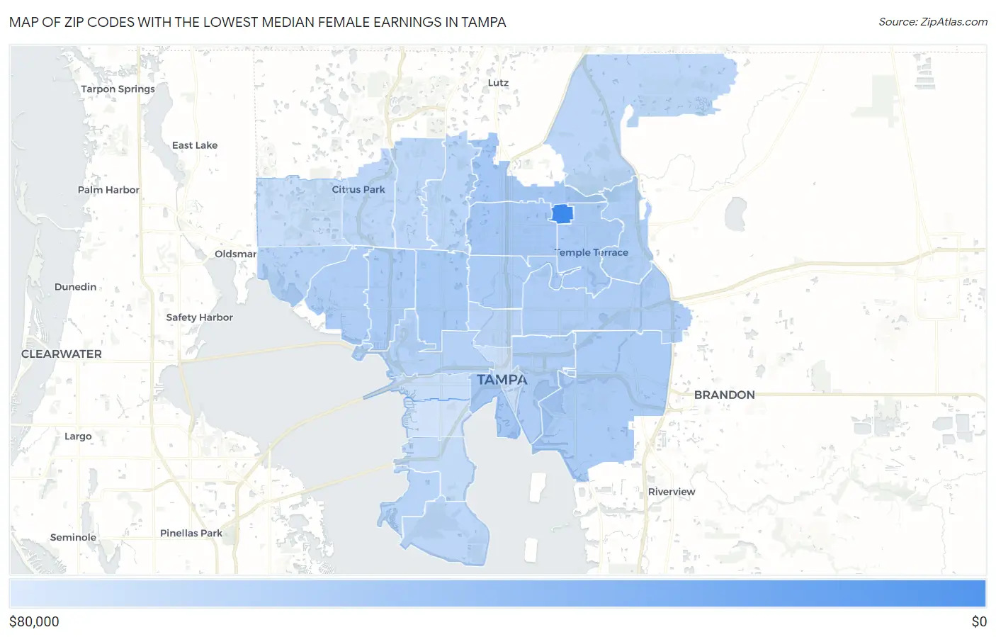 Zip Codes with the Lowest Median Female Earnings in Tampa Map