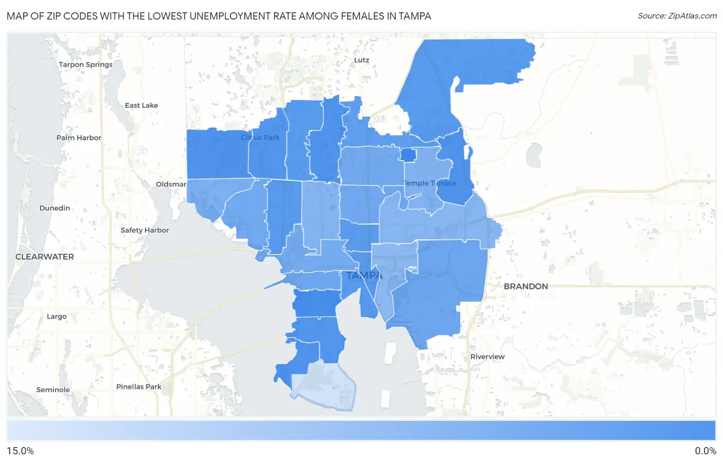 Zip Codes with the Lowest Unemployment Rate Among Females in Tampa Map