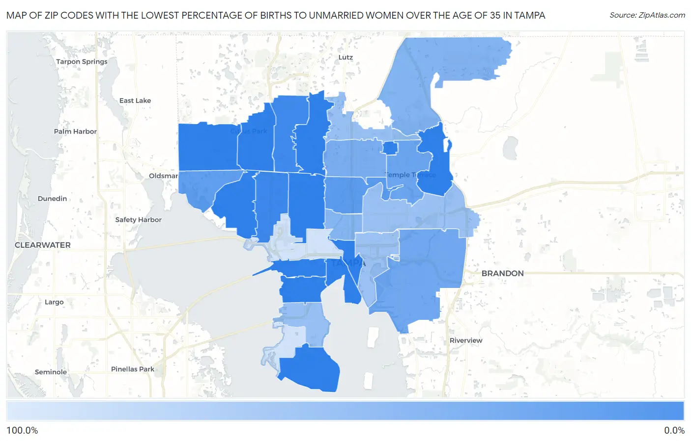 Zip Codes with the Lowest Percentage of Births to Unmarried Women over the Age of 35 in Tampa Map