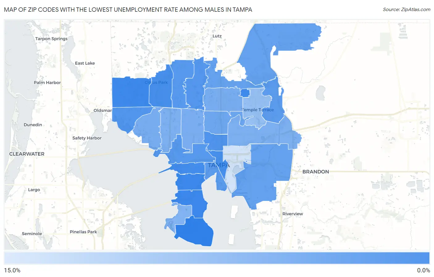 Zip Codes with the Lowest Unemployment Rate Among Males in Tampa Map