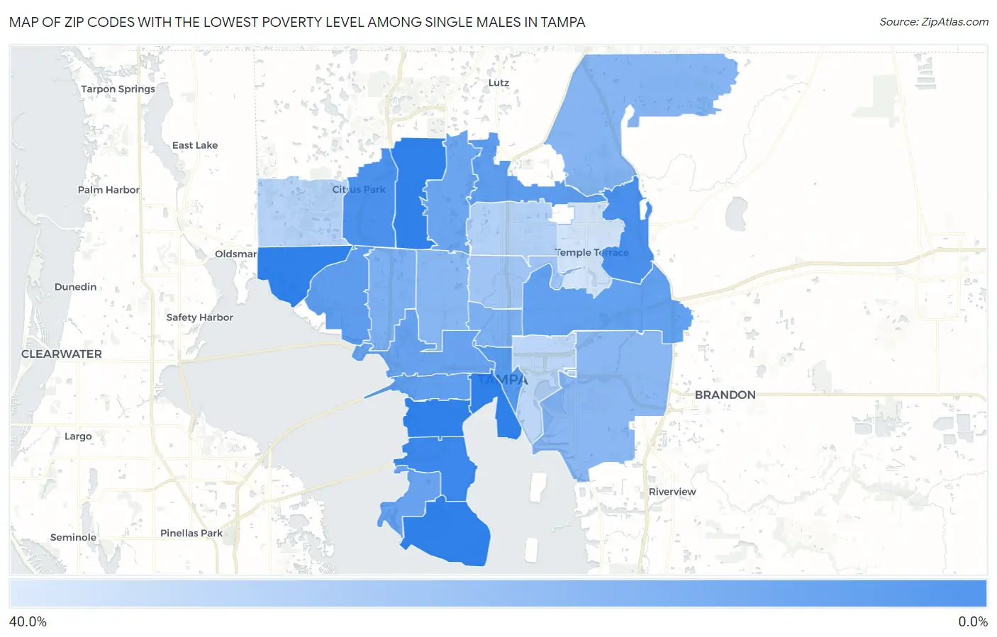 Zip Codes with the Lowest Poverty Level Among Single Males in Tampa Map