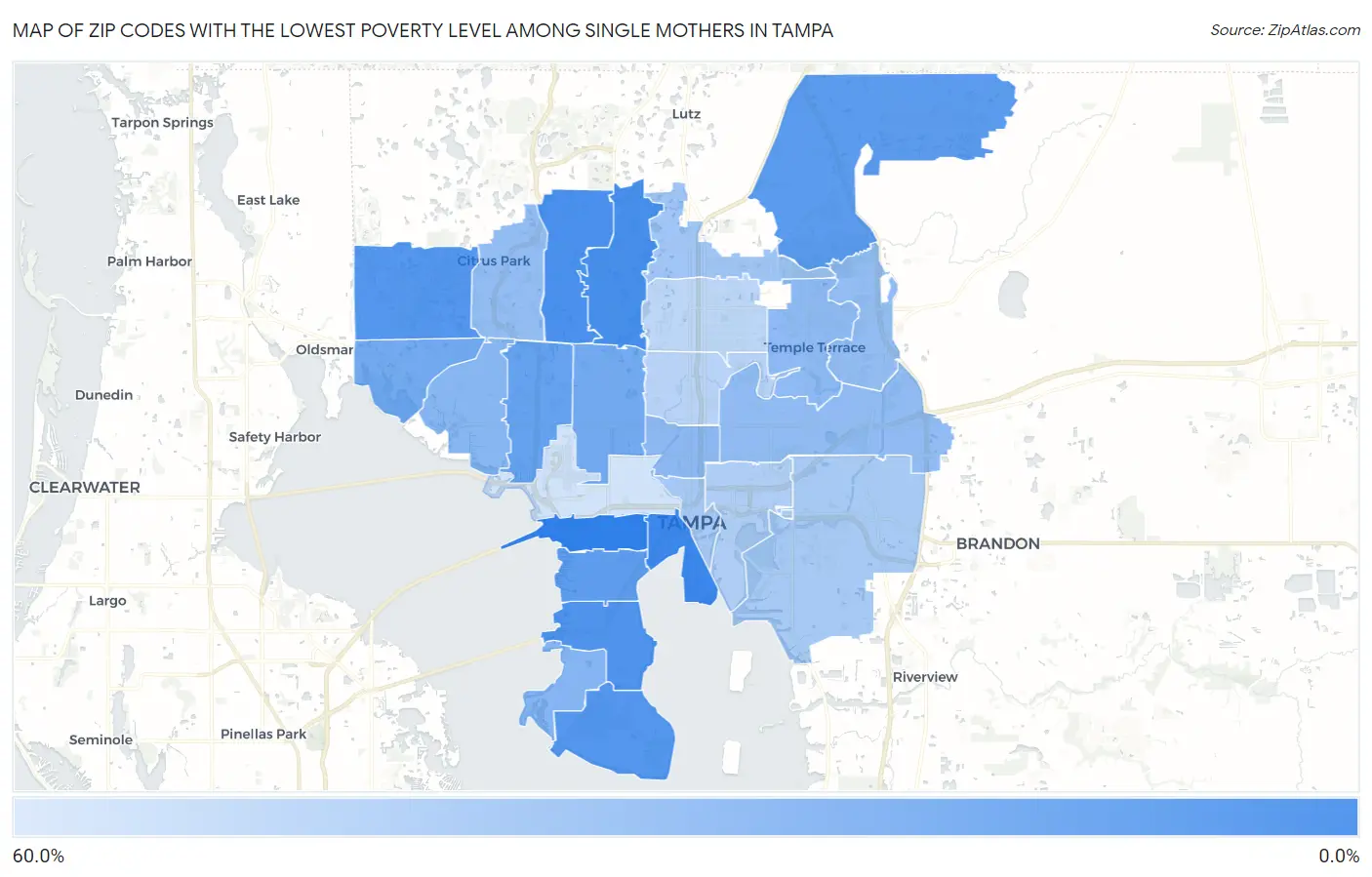 Zip Codes with the Lowest Poverty Level Among Single Mothers in Tampa Map