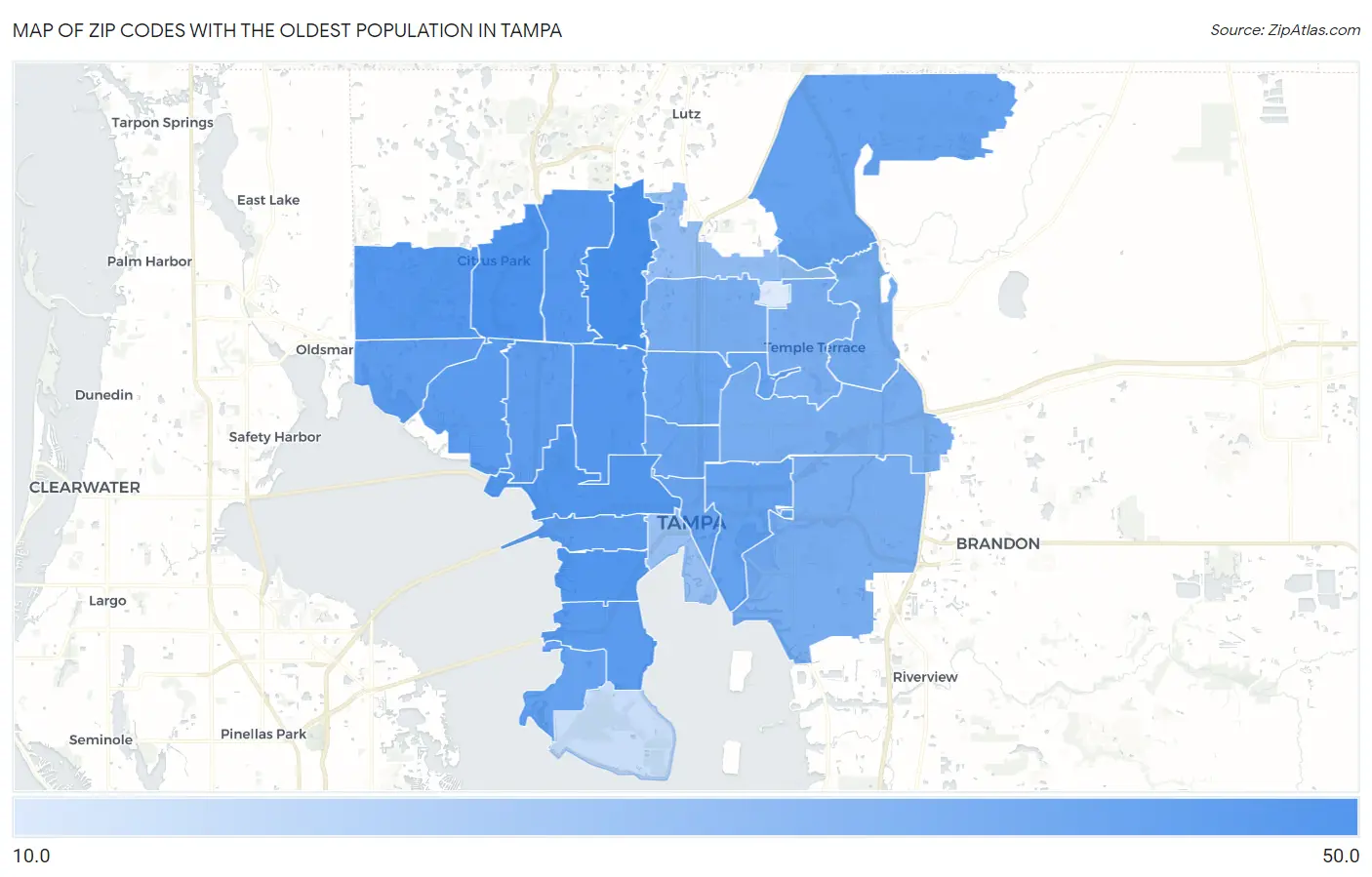 Zip Codes with the Oldest Population in Tampa Map