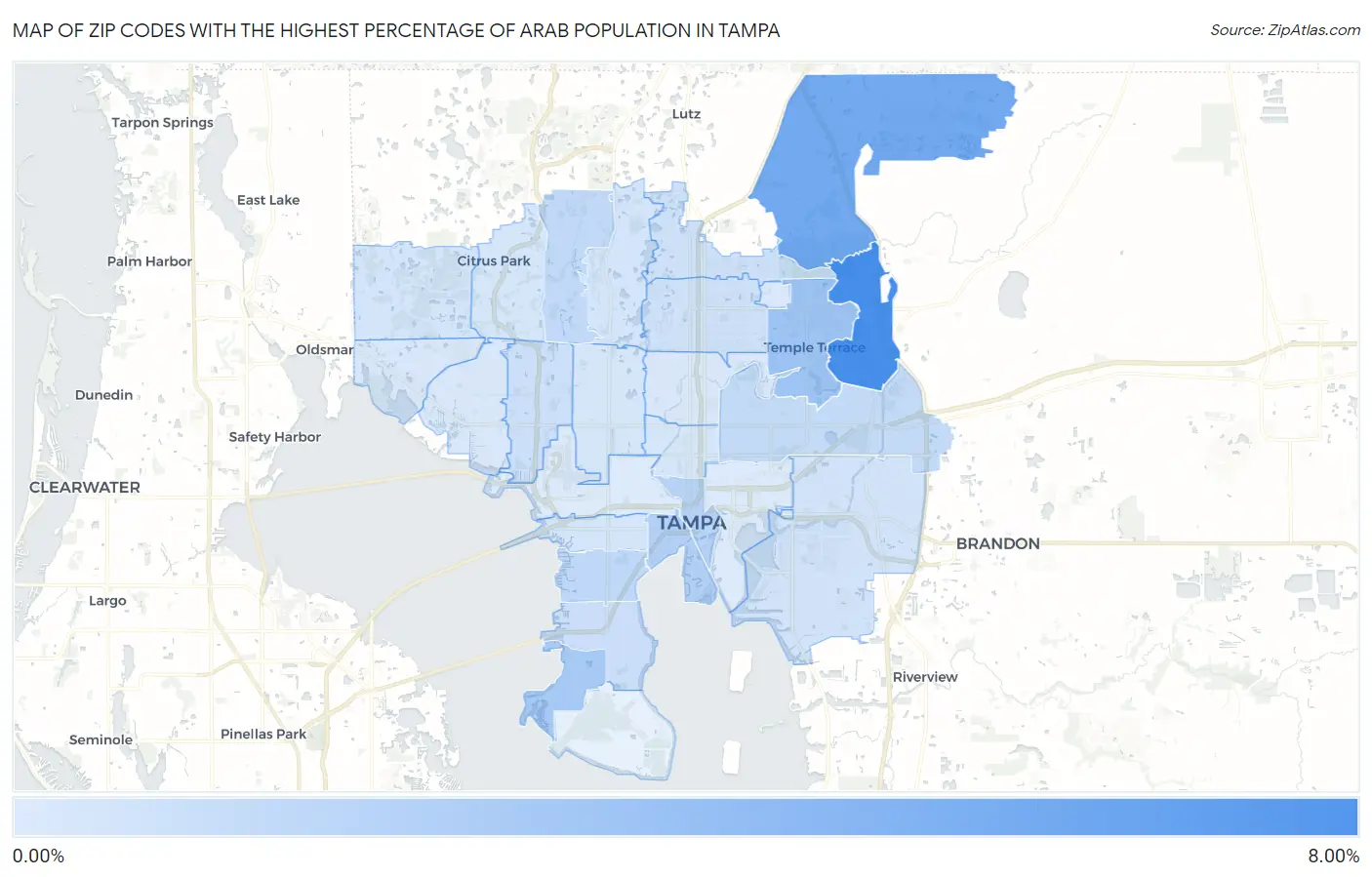 Zip Codes with the Highest Percentage of Arab Population in Tampa Map