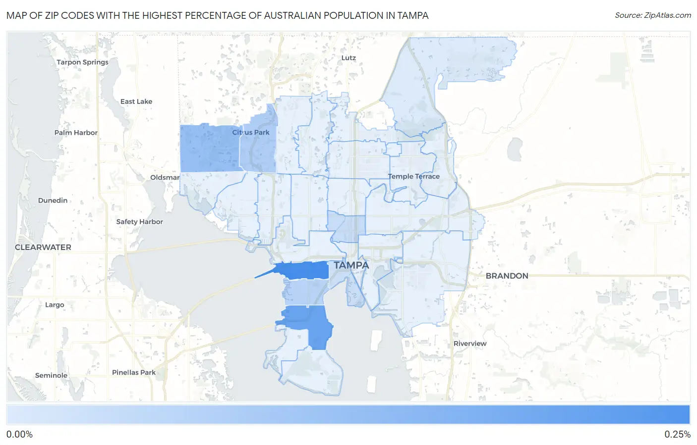 Zip Codes with the Highest Percentage of Australian Population in Tampa Map