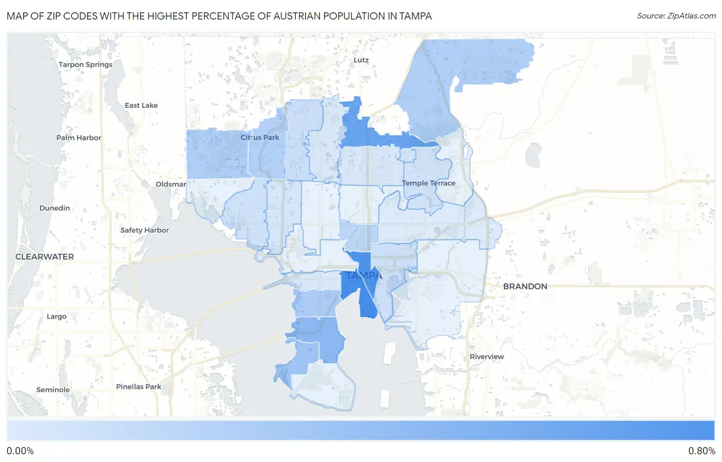 Zip Codes with the Highest Percentage of Austrian Population in Tampa Map