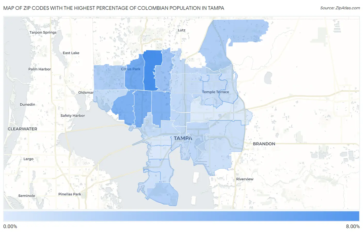 Zip Codes with the Highest Percentage of Colombian Population in Tampa Map