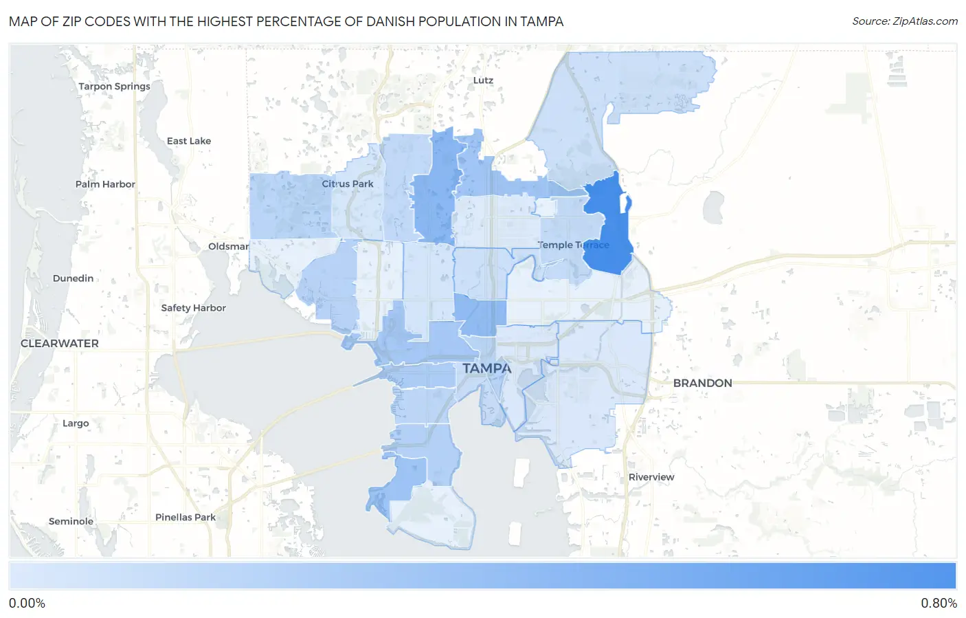 Zip Codes with the Highest Percentage of Danish Population in Tampa Map