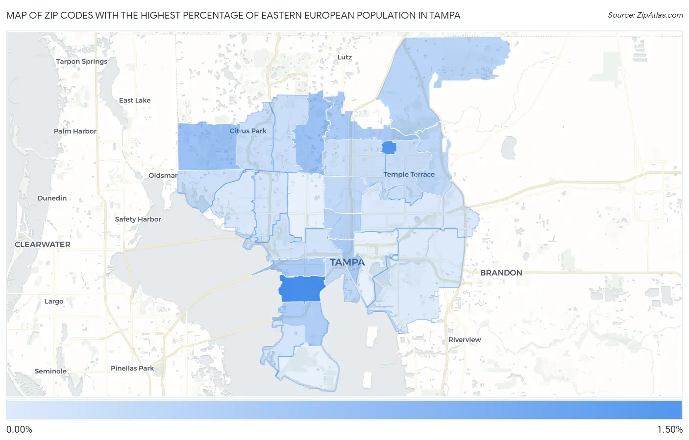 Zip Codes with the Highest Percentage of Eastern European Population in Tampa Map