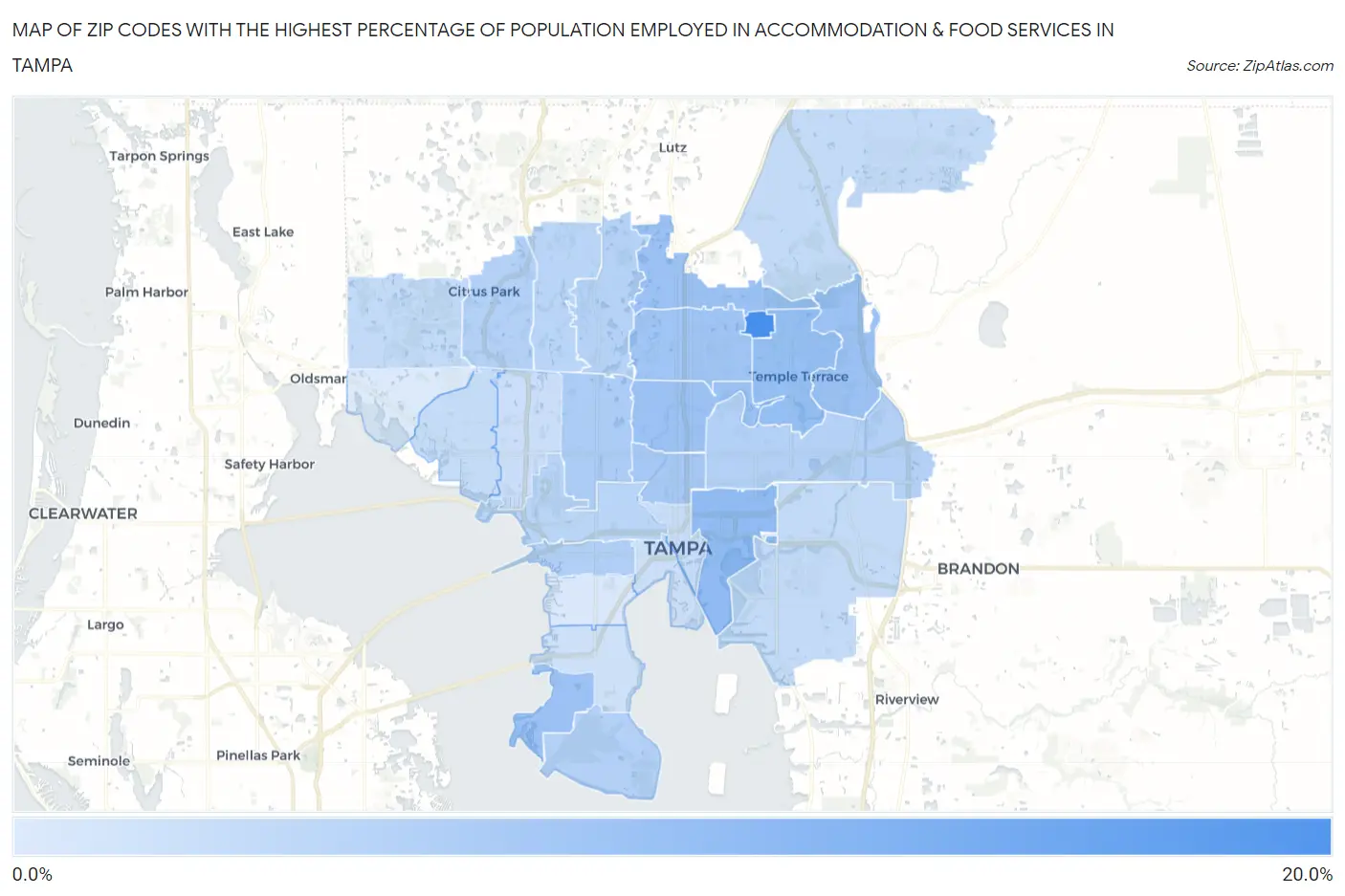 Zip Codes with the Highest Percentage of Population Employed in Accommodation & Food Services in Tampa Map