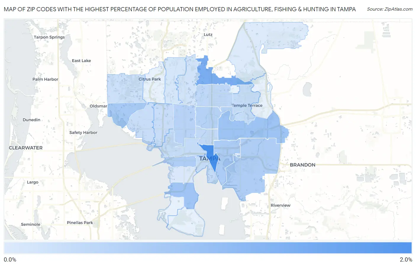 Zip Codes with the Highest Percentage of Population Employed in Agriculture, Fishing & Hunting in Tampa Map