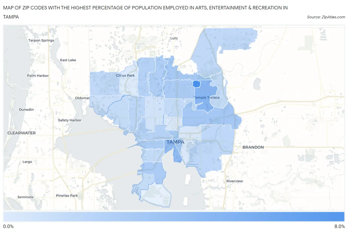 Zip Codes with the Highest Percentage of Population Employed in Arts, Entertainment & Recreation in Tampa Map