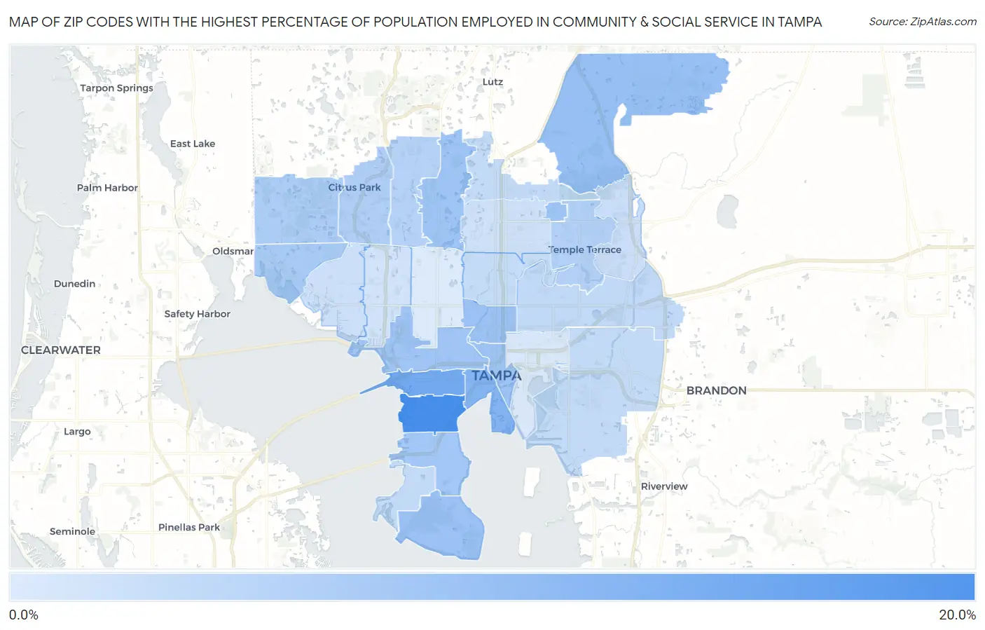 Zip Codes with the Highest Percentage of Population Employed in Community & Social Service  in Tampa Map
