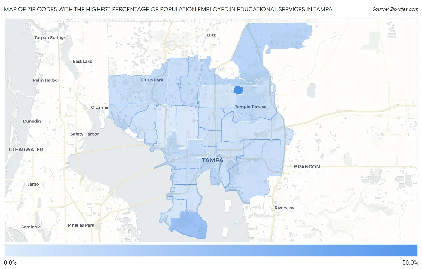 Zip Codes with the Highest Percentage of Population Employed in Educational Services in Tampa Map