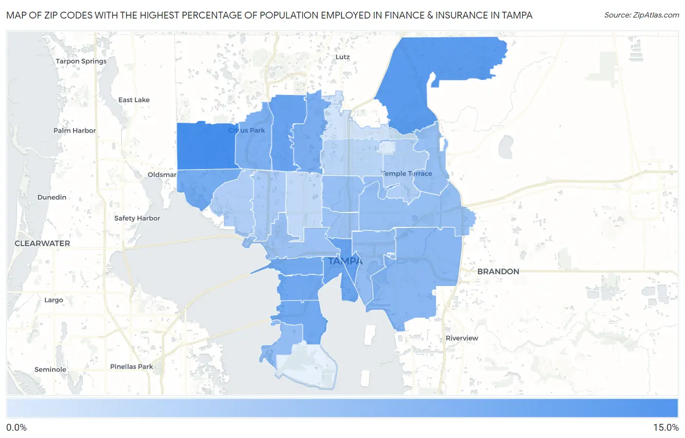 Zip Codes with the Highest Percentage of Population Employed in Finance & Insurance in Tampa Map