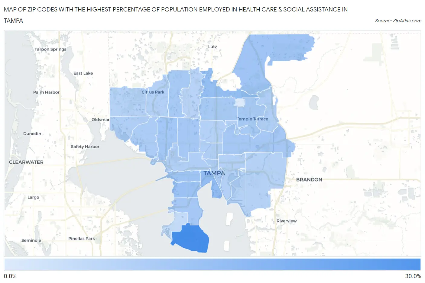 Zip Codes with the Highest Percentage of Population Employed in Health Care & Social Assistance in Tampa Map