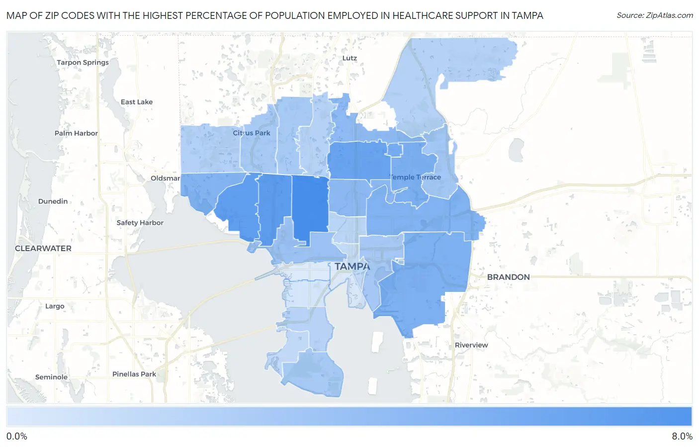 Zip Codes with the Highest Percentage of Population Employed in Healthcare Support in Tampa Map