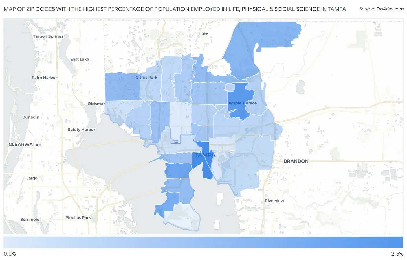 Zip Codes with the Highest Percentage of Population Employed in Life, Physical & Social Science in Tampa Map