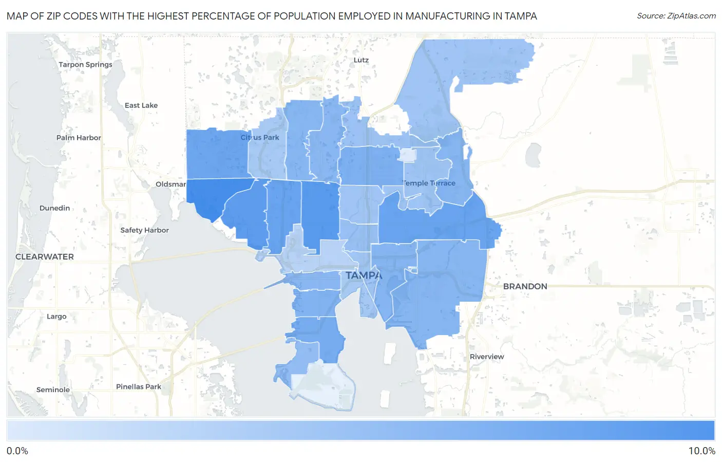 Zip Codes with the Highest Percentage of Population Employed in Manufacturing in Tampa Map