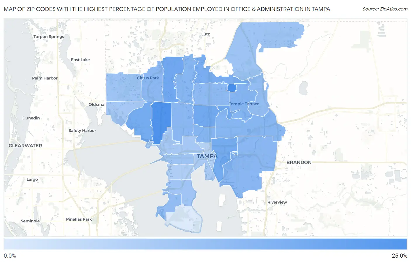 Zip Codes with the Highest Percentage of Population Employed in Office & Administration in Tampa Map