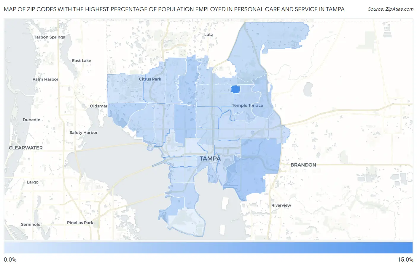 Zip Codes with the Highest Percentage of Population Employed in Personal Care and Service in Tampa Map