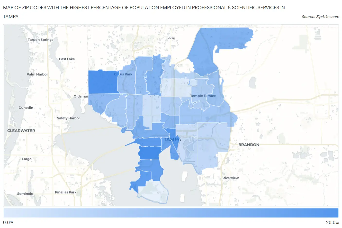 Zip Codes with the Highest Percentage of Population Employed in Professional & Scientific Services in Tampa Map