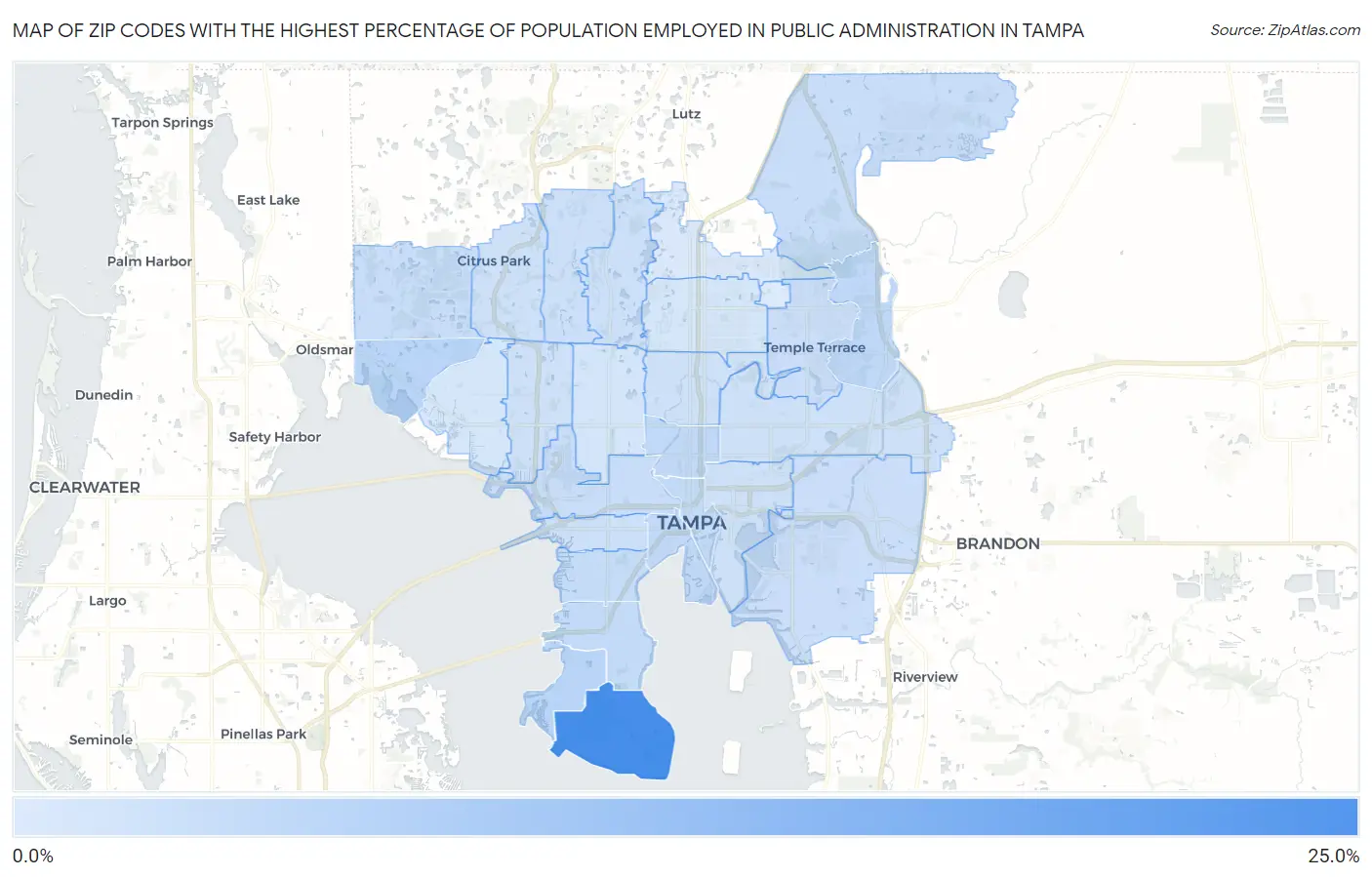 Zip Codes with the Highest Percentage of Population Employed in Public Administration in Tampa Map