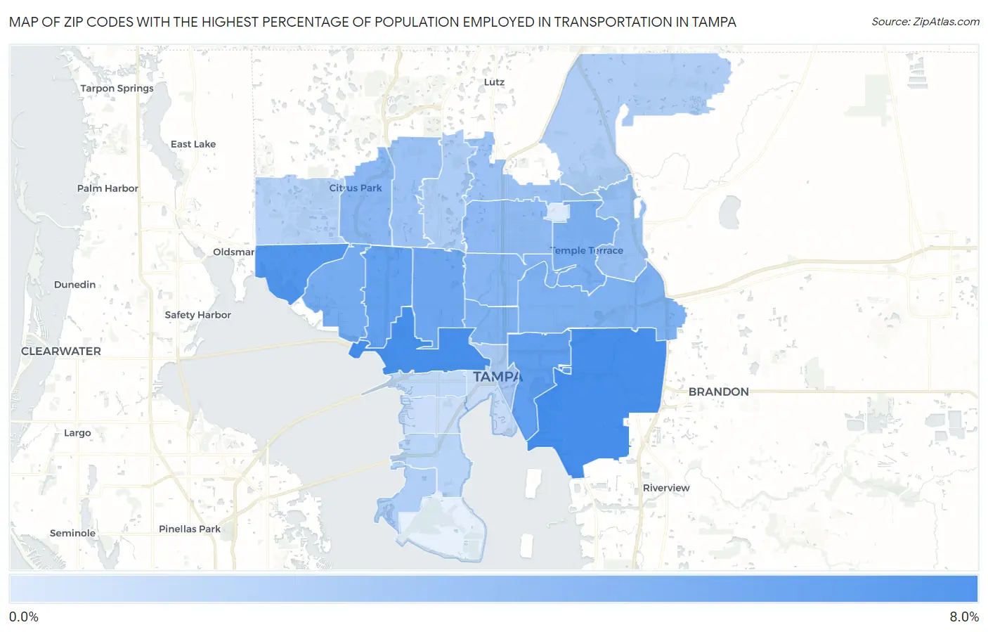 Zip Codes with the Highest Percentage of Population Employed in Transportation in Tampa Map
