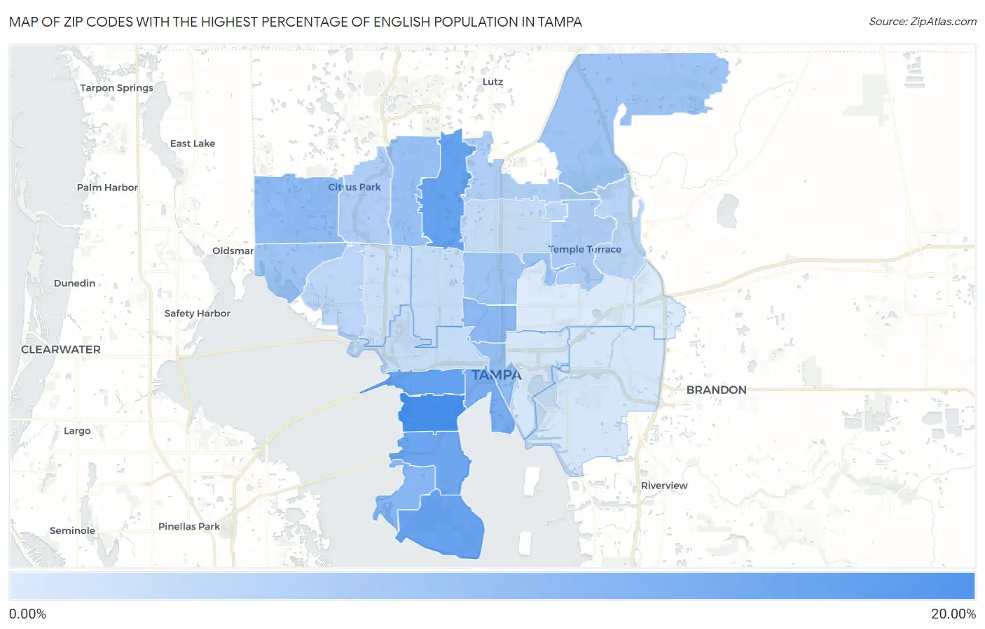 Zip Codes with the Highest Percentage of English Population in Tampa Map
