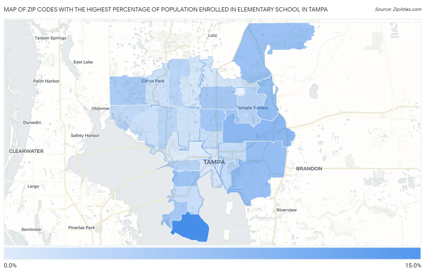 Zip Codes with the Highest Percentage of Population Enrolled in Elementary School in Tampa Map